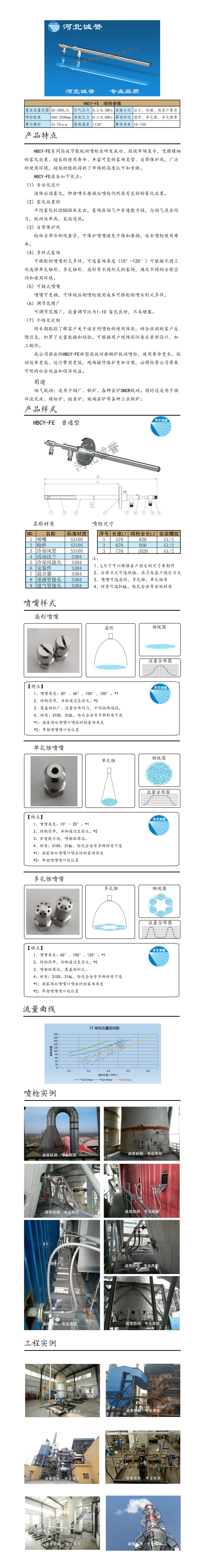 電廠脫硝噴槍保護套、噴槍參數、材質尺寸、流量分布圖、扇形空心錐俯視圖介紹，以及噴槍霧化視頻展示和工程案例介紹
